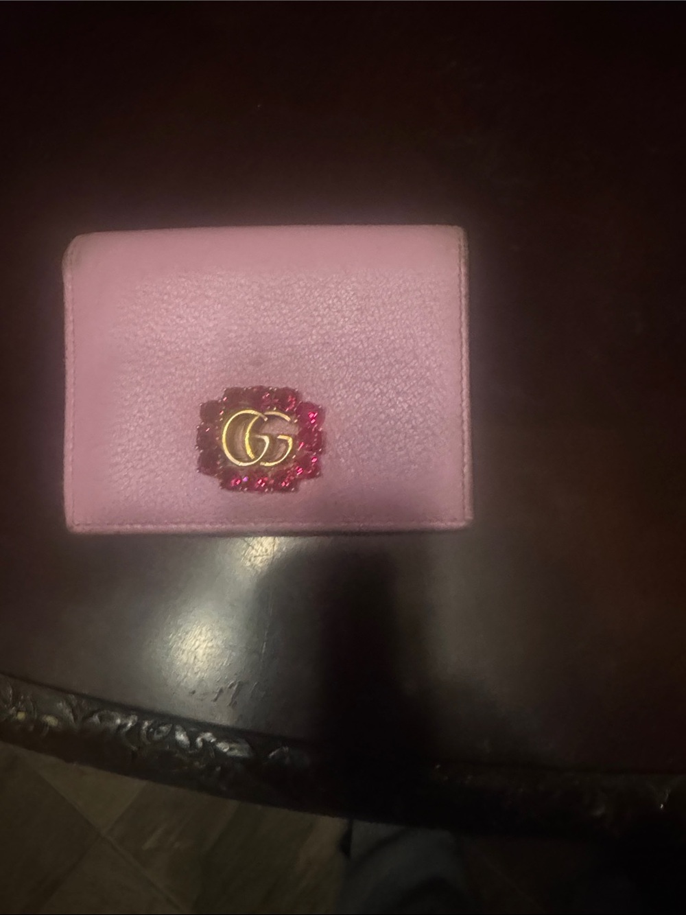 Gucci Light Pink Leather Card Holder with Gold GG and Pink Crystal Accent